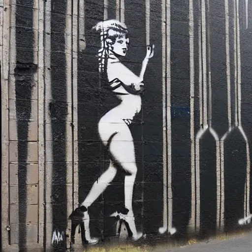Image similar to rough rugged simple yet detailed graffiti of a pinup girl on a black wall designed by banksy