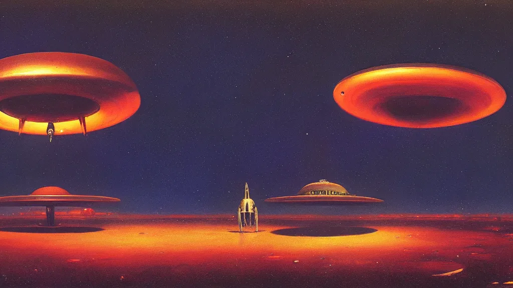 Prompt: flying saucer design by paul lehr and john schoenherr, cinematic matte painting