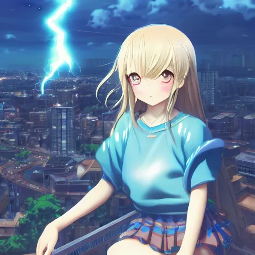 Image similar to a very beautiful anime girl, full body, long wavy blond hair, sky blue eyes, full round face, short smile, cute top, miniskirt, sitting on a miniature city, cinematic lightning, medium shot, mid-shot, highly detailed, trending on Artstation, Unreal Engine 4k, cinematic wallpaper by Stanley Artgerm Lau, WLOP, Rossdraws, James Jean, Andrei Riabovitchev, Marc Simonetti, and Sakimichan