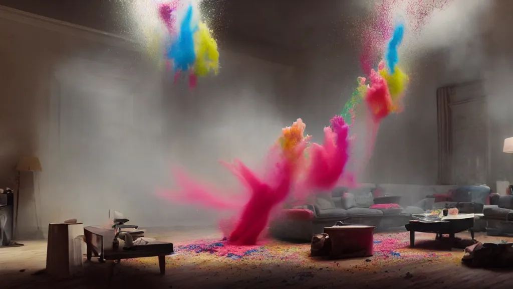 Image similar to colored powder explosion in the living room, film still from the movie directed by Denis Villeneuve with art direction by Salvador Dalí, wide lens