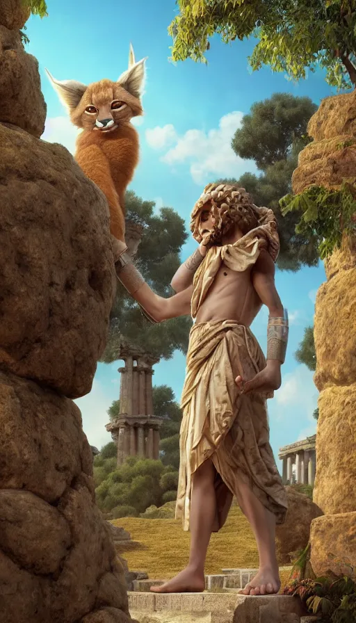 Prompt: fullbody photo of humanoid cute fluffy caracal dressed in toga as alexander macedon, sun behind him, ancient greek city, sunny day, by ilya kuvshinov, rtx rendering, octane render 1 2 8 k, maya, extreme high intricate details by tom bagshaw, medium shot, composition by sana takeda, lighting by greg rutkowski