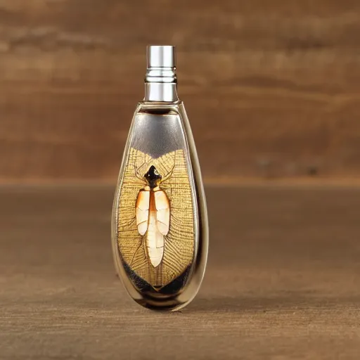 Prompt: a perfume bottle shaped like a cockroach, product photo