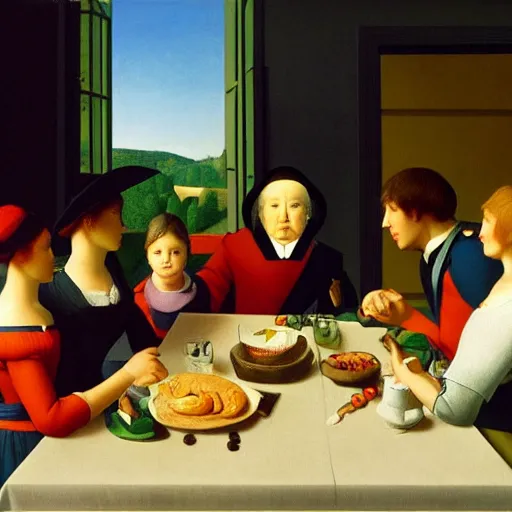 Prompt: A brillaint rendition of a family supper by Raphael, Hopper, and Rene Magritte. detailed, romantic, enchanting, trending on artstation.