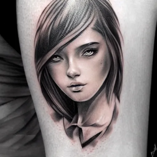 Image similar to tattoo design, beautiful portrait of a girl looking up and to the right by artgerm, artgerm