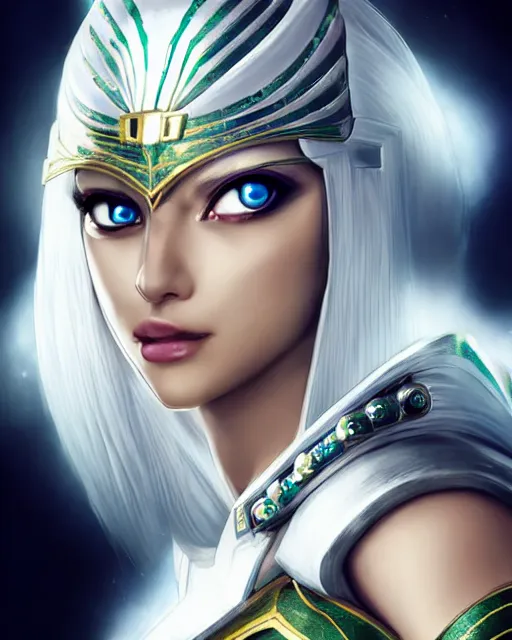 Image similar to perfect white haired attractive egyptian goddess, warframe armor, pharaoh headdress, beautiful, symmetric, dreamy, half asian, pretty face, green eyes, charlize theron, detailed, scifi platform, laboratory, experiment, 4 k, ultra realistic, epic lighting, android body, illuminated, cinematic, masterpiece, art by akihito tsukushi, voidstar