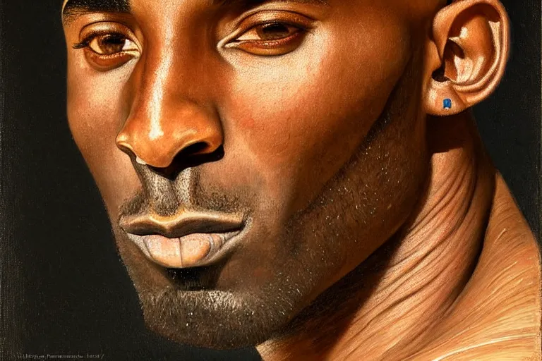 Image similar to portrait of kobe bryant with detailed, textured skin and piercing eyes, by nikolay makovsky