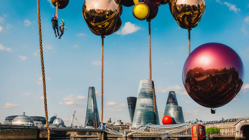 Image similar to large colorful futuristic space age metallic steampunk balloons with pipework and electrical wiring around the outside, and people on rope swings underneath, flying high over the beautiful london city landscape, professional photography, 8 0 mm telephoto lens, realistic, detailed, photorealistic, photojournalism