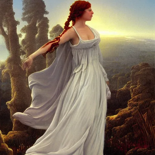 Prompt: a painting of a woman in a white dress, an airbrush painting by caspar david friedrich, deviantart, fantasy art, sunrays shine upon it, deviantart, mystical