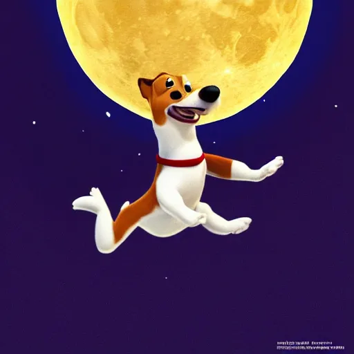 Prompt: cute pixar jack russel terrier, jumping over the smiling moon, concept art, pixar, disney studios, dreamworks animation