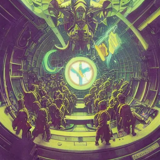 Image similar to beautifully colored detailed scifi painting of occultist scientists summoning a mobile suit, occult giant robot power armor eched with power runes by m. c. escher, beeple, greg rutkowski and alphonse mucha