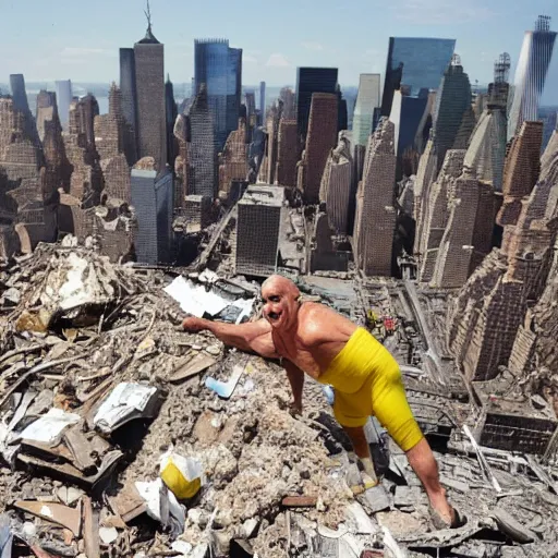 Image similar to an extreme wide shot of a very drunk evil Rudy Giuliani standing smiling wearing a yellow speedo on top of the world trade center rubble pile in new york