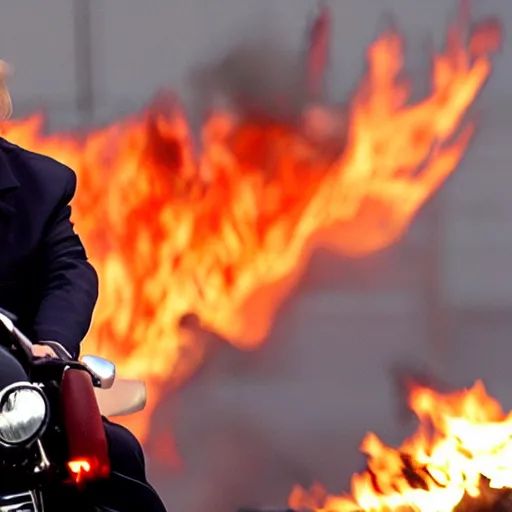 Prompt: Donald Trump on a motorcycle with fire coming out of the exhaust, without him wearing a helmet, leather jacket, cinematic lighting