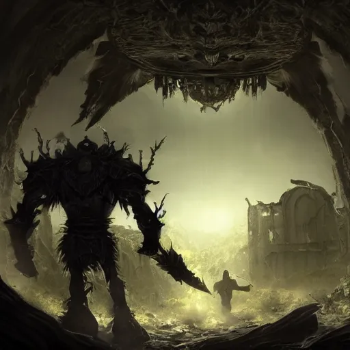 Prompt: Ultrawide Photo of a futile human approaching a giant sentinel king wielding a mythical blade in the abandoned ruins, sharp, high detail, terror, hysterical, horrifying, digital art, destruction, the void, ominous, crown, fear, very detailed, evil, trending on artstation, intricate details, high definition, 16k, Artstation, by John Wallin Libert, Dark souls