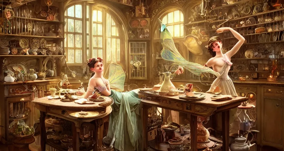 Image similar to a mid - shot of a fairy in a vintage magical kitchen, with one vintage book on a table, with a fireplace in the background d & d, fantasy, intricate, elegant, highly detailed, digital painting, artstation, concept art, smooth, sharp focus, illustration, art by artgerm and greg rutkowski and alphonse mucha