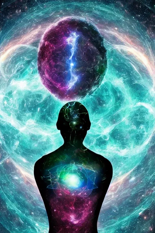 Image similar to a human being consumed by universe energy, quantum entanglement between universe and soul, all matter of the universe colliding into one soul and cosmos.