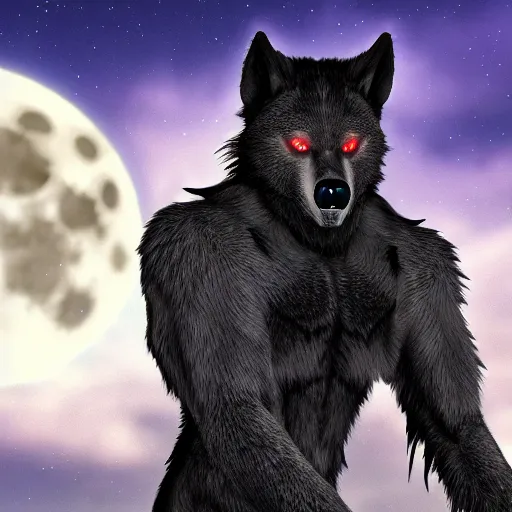 Image similar to male werewolf at night with black realistic fur, under the moon, ultra detail, anime style, 8 k