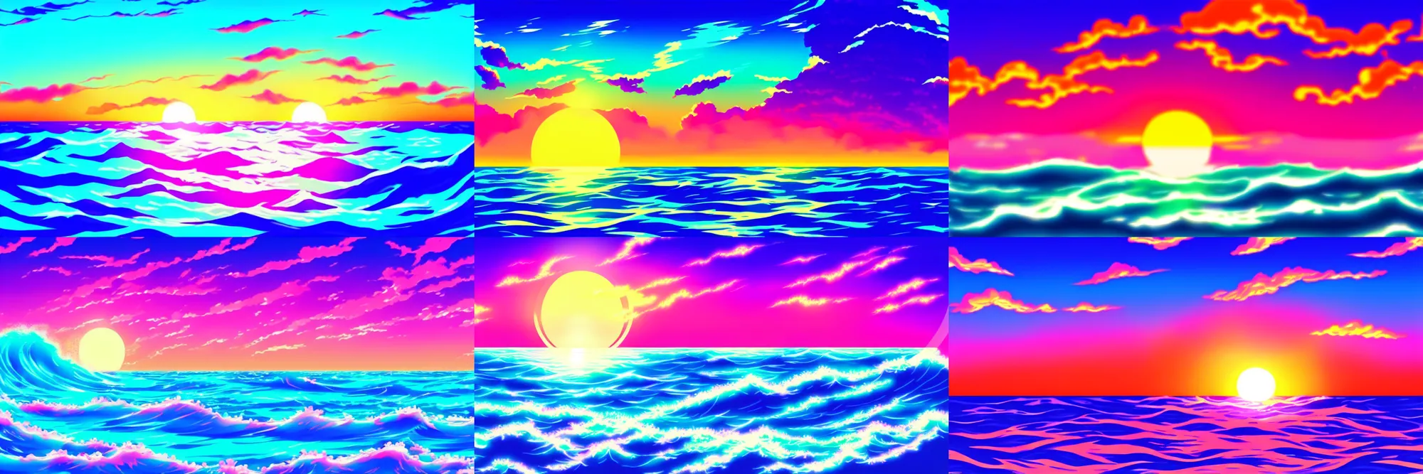 Prompt: a beautiful ocean sunset in the style of vaporwave, anime manga style, aesthetic