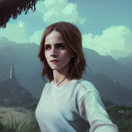 Image similar to highly detailed portrait, emma watson, in gta v, stephen bliss, unreal engine, fantasy art by greg rutkowski, loish, rhads, ferdinand knab, makoto shinkai and lois van baarle, ilya kuvshinov, rossdraws, tom bagshaw, global illumination, radiant light, detailed and intricate environment