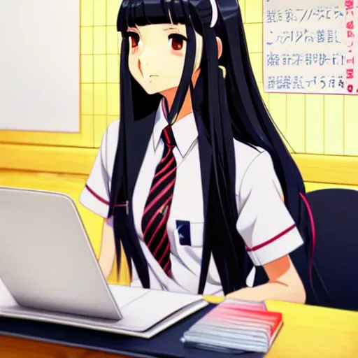 Prompt: a beautiful girl with long dark hair, wearing a school girl uniform, sitting in class at a desk, Japanese style classroom, daytime, sharp focus, intricate, artstation, official media, anime key visual, highly detailed, rich vivid colors, ambient lighting, illustration, art by Artgerm, Makoto Shinkai, Ilya Kuvshinov, Lois Van Baarle, and Rossdraws