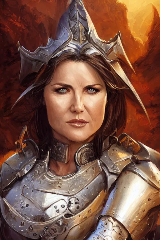 Prompt: a finely detailed portrait of Lucy Lawless, clothed in battle armor, olive skin, long dark hair, beautiful bone structure, symmetrical facial features, intricate, elegant, digital painting, trending on Artstation, concept art, smooth, sharp focus, illustration, from World of Warcraft, by Ruan Jia and Mandy Jurgens and Artgerm and william-adolphe bouguerea, award winning