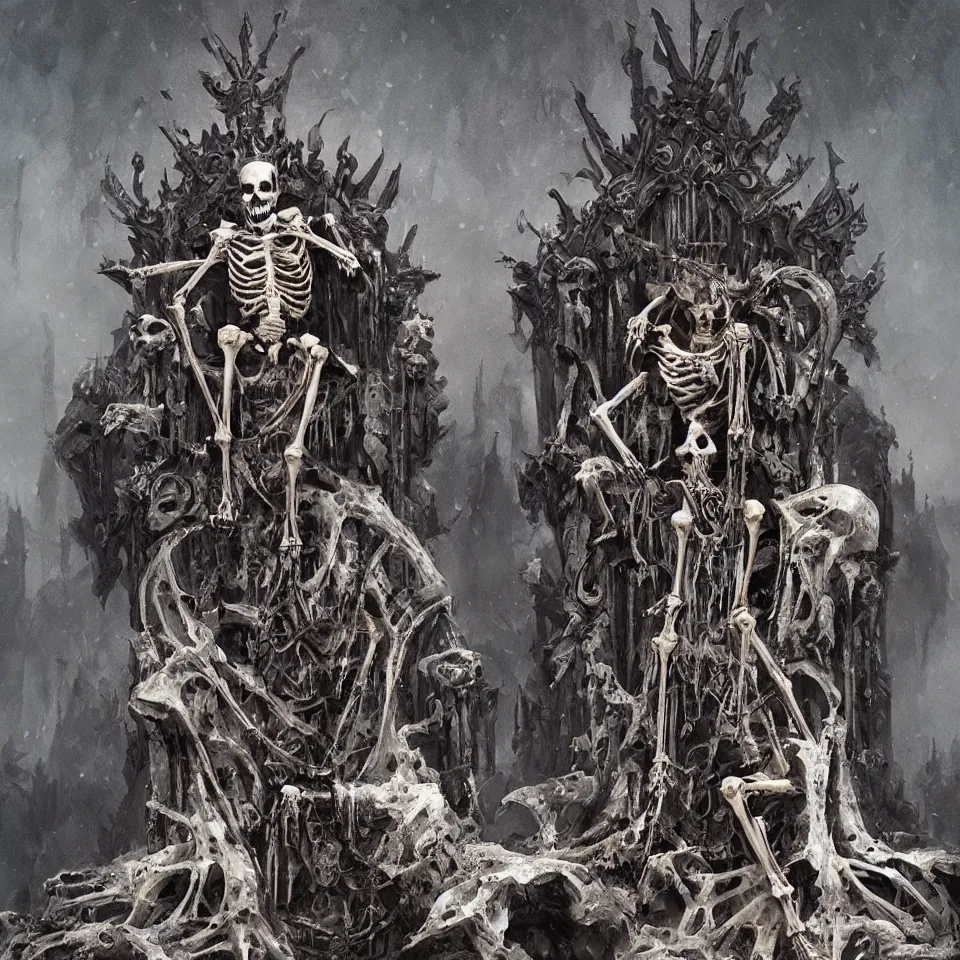 Prompt: a skeleton king with a crown made of bones, sitting on a throne made of bones, by greg rutkowski, hyper detailed, art station