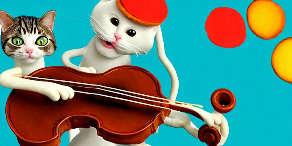 Image similar to a cat playing the fiddle and dancing on top of a round ball made of Swiss cheese, in the style of claymation