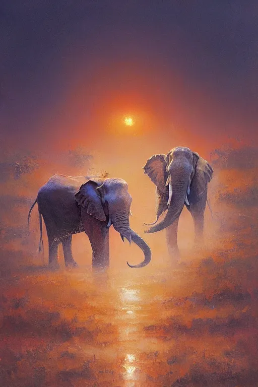 Prompt: spiritual twin flame elephant art, dusk hue, highly detailed, oil painting, by craig mullins