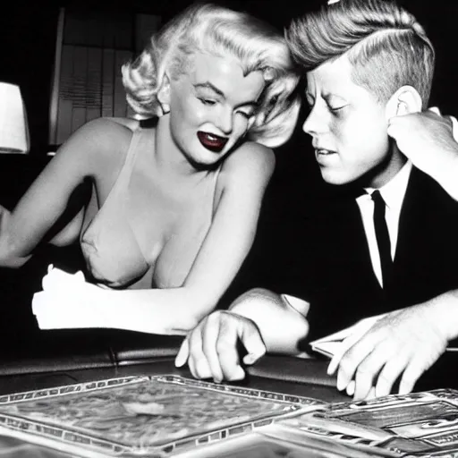 Image similar to marilyn monroe and jfk playing yu - gi - oh with dual disks