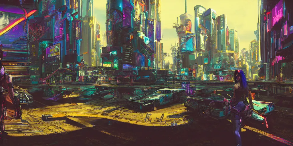 Prompt: streetview equirectangular 360 photo of cyberpunk 2077, colorful, by Andy Thomas, Mario Martinez, Daniel Mirante, Gustave Dore, Artstation, CGsociety, masterpiece