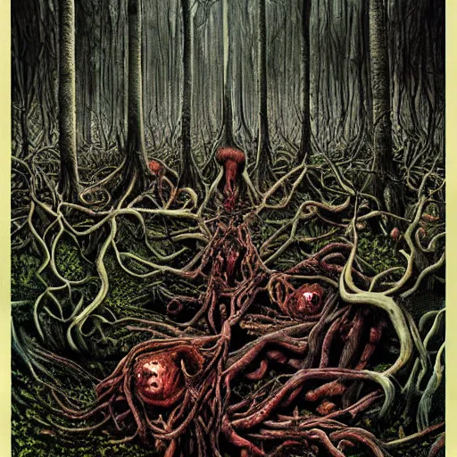 Prompt: forest of human bodies and viscera by godmachine keith thompson horror art psychedelic trippy messy viscera visceral bodies death horror creepy faces organic forests