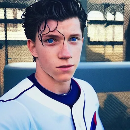 Prompt: “a realistic photo of a guy who is an attractive baseball player man who is part cyborg and part humanoid, who is a robot, Tom Holland, shiny skin, blue eyes”