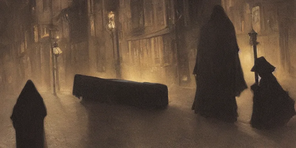 Image similar to a cloaked man dragging a black wooden coffin down the street by a chain lit only by gas lamps by john howe and henry ossawa tanner, trending on artstation, hyperrealism, highly detailed, art gallery, museum piece