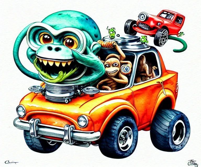 Image similar to cute and funny, monkey driving a tiny hot rod with an oversized engine, ratfink style by ed roth, centered award winning watercolor pen illustration, isometric illustration by chihiro iwasaki, edited by craola, tiny details by artgerm and watercolor girl, symmetrically isometrically centered