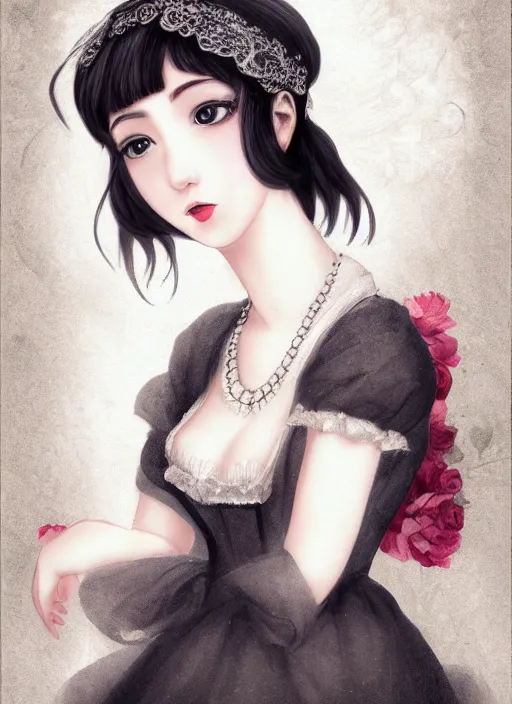 Image similar to a photograpic portrait of young woman, pride and prejudice, kawaii style, with kind face, dark hair, georgian dress, intricate, elegant, highly detailed, digital painting, smooth, sharp focus