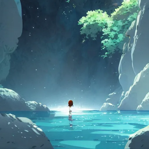 Prompt: an explorer exploring a large cave, water, by Dice Tsutsumi, Makoto Shinkai, Studio Ghibli