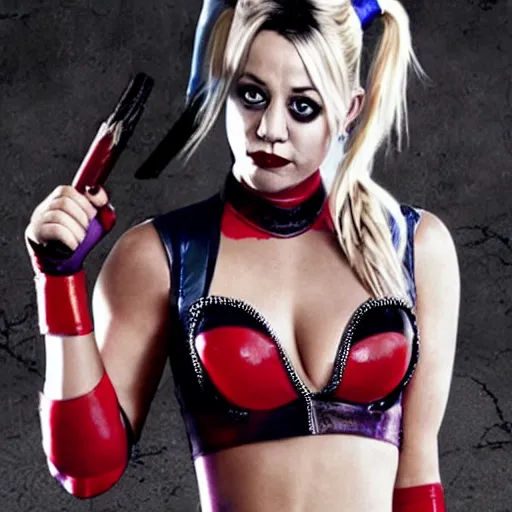Image similar to A still of Kaley Cuoco as Harley Quinn, full-figure
