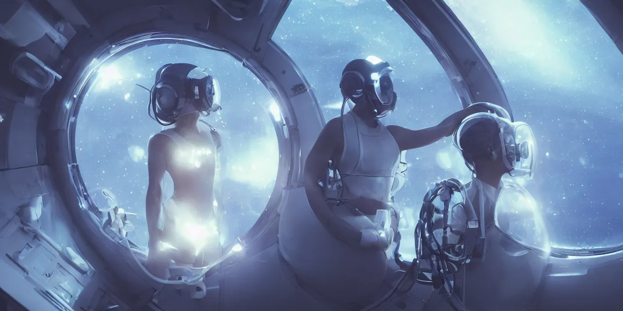 Image similar to Zoe Kravitz futuristic astronaut, outside large window of ship, helmet with clear HUD shield and led lights, underwater in the ocean at night, clear water, bubbles, volumetric lighting, glowing lights, 4k, octane, digital painting, artstation, concept art, sharp focus, illustration, high contrast, high saturation , cinematic film still, art by artgerm and greg rutkowski and alphonse mucha , wide angle view,