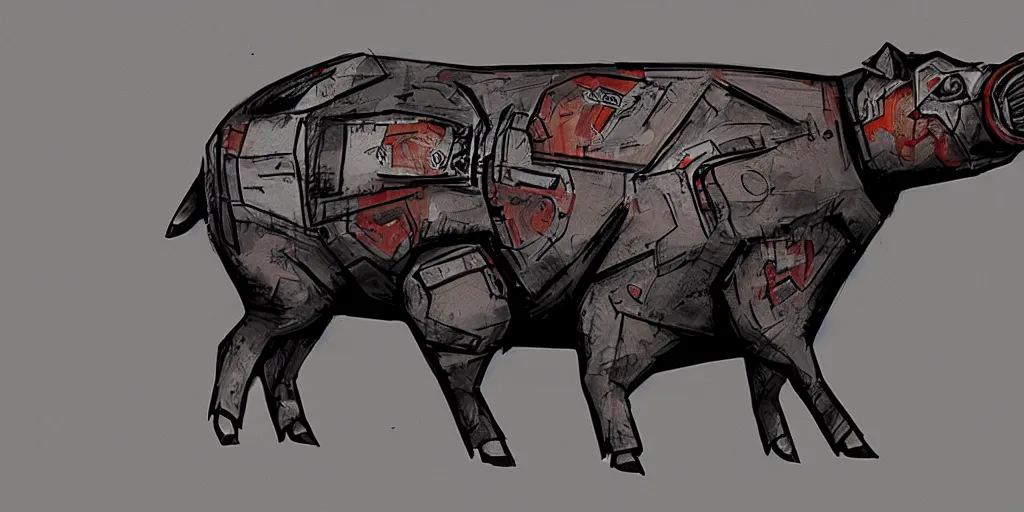 Prompt: concept art for a strong mechanized metal pig machine