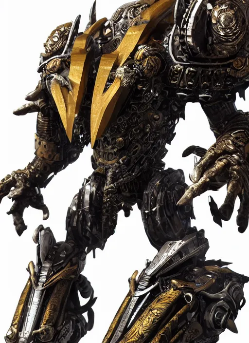 Image similar to hyper realistic glorious ancient wargreymon in a obsidian metal armor, futuristic design, designed by makoto kobayashi and luca zampriolo, portrait, cyberpunk style, wood and gold details, intricate, extremely detailed, ornate, deep of field, hard surface, exoskeleton, substance designer metal unreal engine. human proportion.