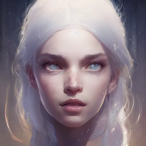 Image similar to a portrait of a beautiful hopeful lady with pretty eyes, beautiful eyes, highly detailed eyes, looking up, looking up, light smiling, art of wlop and greg rutkowski, intricate, high details, eyes, epic fantasy art, cgsociety, trending on artstation, bright light masterpiece, ray of light through white hair