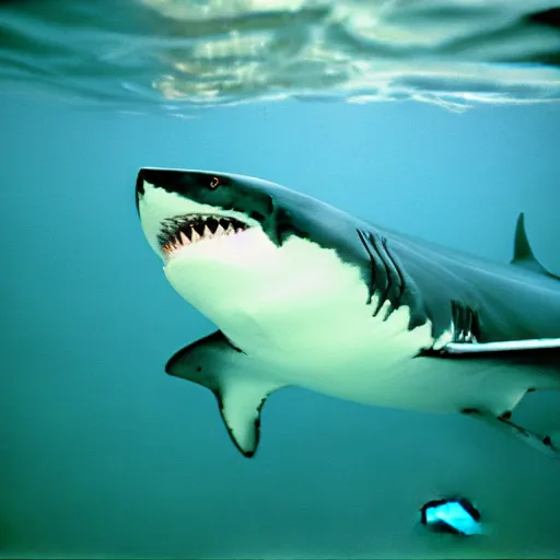 Image similar to photo of shark biting man underwater cinestill, 800t, 35mm, full-HD