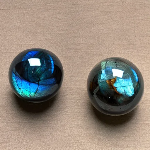 Prompt: labradorite spheres on a red cube