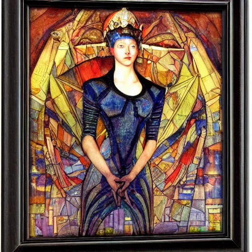 Prompt: the android queen, by Annie Swynnerton and Diego Rivera, symbolist, dramatic lighting, elaborate geometric ornament, Art Brut ,god rays, soft cool colors,smooth, sharp focus, extremely detailed, Adolf Wölfli