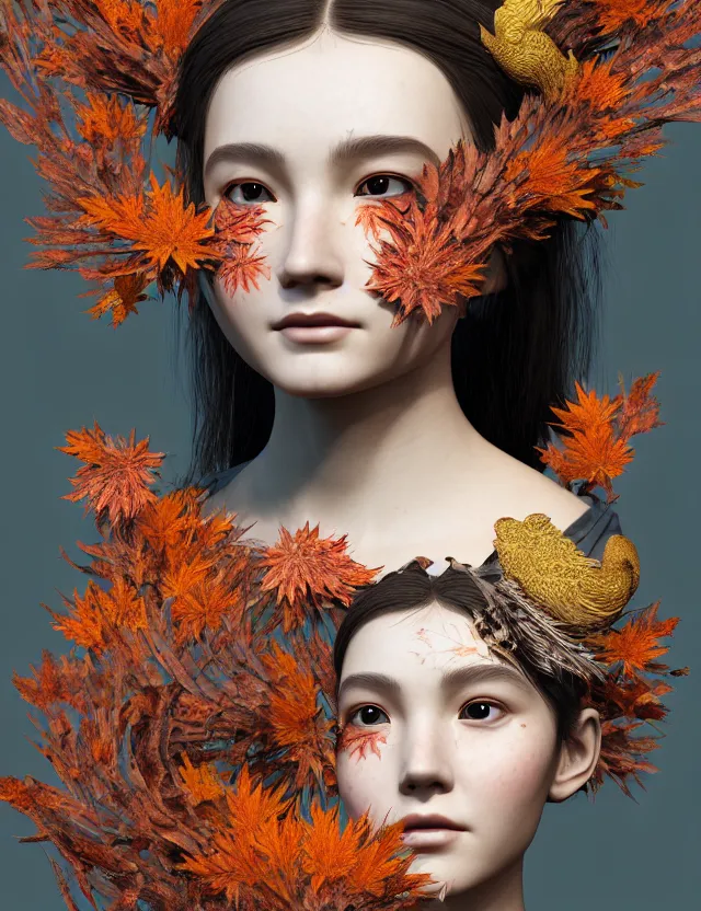 Image similar to 3 d goddess close - up profile portrait of young girl wearing a beautiful intricately detailed japanese autumn mask, fall leaves, thistles, phoenix, dried plants, foxes, wind, creature, artwork by tooth wu and wlop and beeple and greg rutkowski