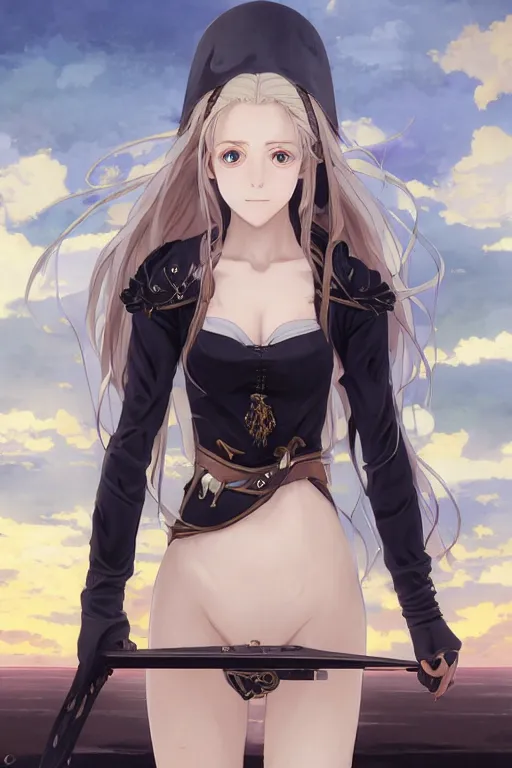 Image similar to baroque oil painting character ln illustration concept art lotr anime key visual, young female nazi maid bikini, long flowing blonde hair blue eyes, symmetrical perfect face fine detail delicate features quiet gaze, full black military uniform, gapmoe kuudere bokeh, trending pixiv fanbox, hell, fire, by greg rutkowski makoto shinkai takashi takeuchi studio ghibli