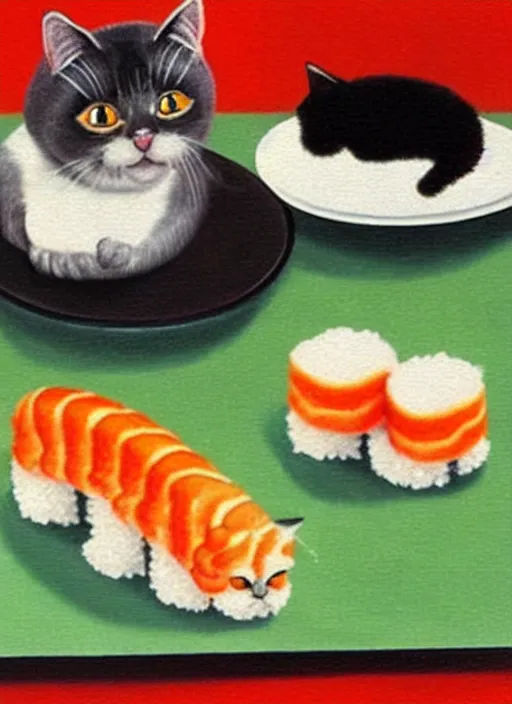 Image similar to clear surrealist painting of adorable cats made out of sushi