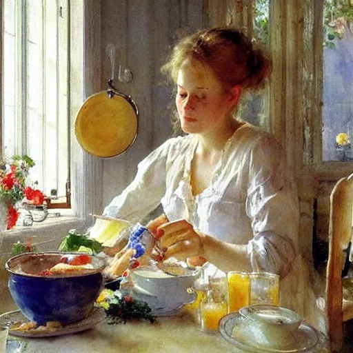 Image similar to beautiful blonde woman making breakfast morning painting volegov carl larsson