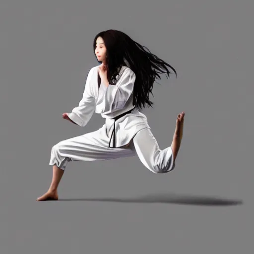 Prompt: a beautiful woman preforming karate, super detailed, hyper realism, ambient lighting, cinematic lighting,