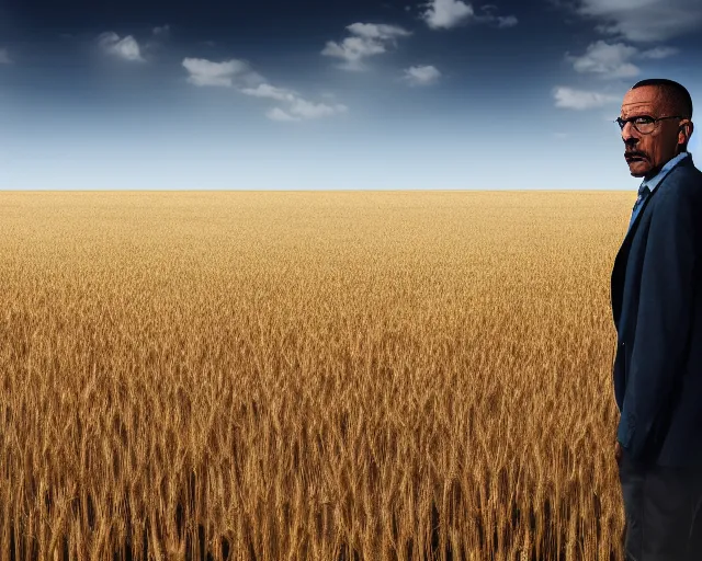 Image similar to extreme long shot of walter white and gustavo fring standing facing each other from a distance in a wheat field, low angle, side view, 8 5 mm photograph, 8 k resolution, wide shot, sharp lens, high detail, cinematic