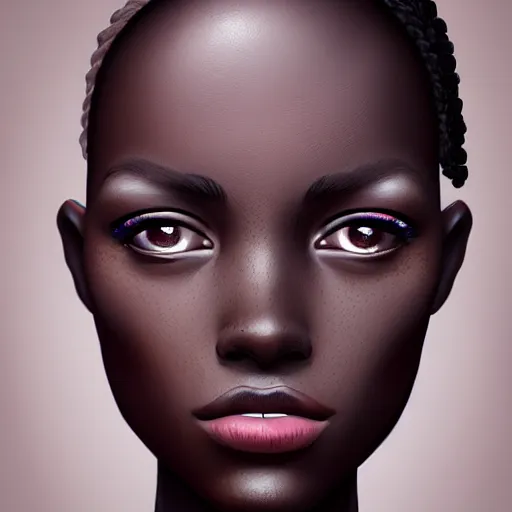 Image similar to very beautiful African girl with freckles, elegant look, tired eyes, artstation